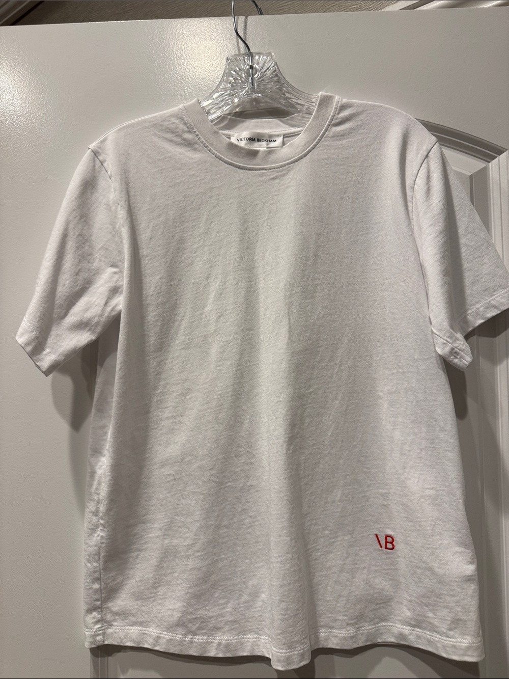 Victoria Beckham White Short Sleeve Tee with Red 'VB' Embroidery